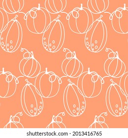 White linear pumpkins on an orange background. Vector seamless pattern