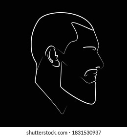 Silueta lineal blanca de un hombre barbudo. Ilustración plana de la cara masculina. Retrato lineal. El tipo con barba. Icono de cabeza lineal.