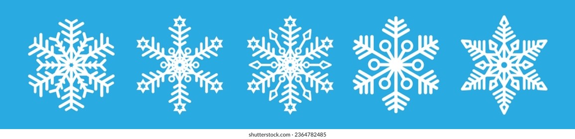 White linear snowflakes on a blue background for winter design. A set of five snowflakes. A symbol of Christmas and New Year. Vector EPS 10.