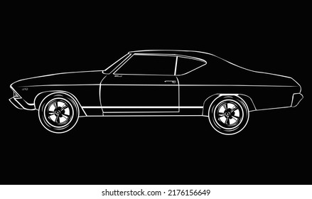 white lineart retro car isolated in black background