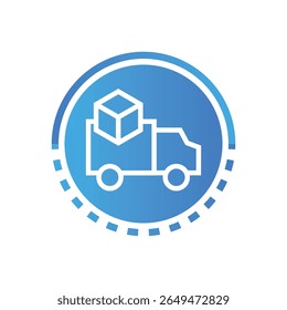 A white line-art truck carrying a cube is centered within a blue gradient circle with a dotted border, conveying a clean, modern, delivery service icon.