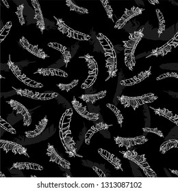 White lineart vector seamless feathers pattern isolated on black. Repeat feather monochrome doodle illustration. Vector
