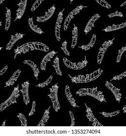 White lineart vector seamless feathers pattern isolated on black. Repeat feather monochrome doodle illustration. Vector