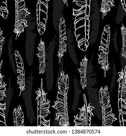 White lineart vector seamless feathers pattern isolated on black. Repeat feather monochrome doodle illustration. Vector