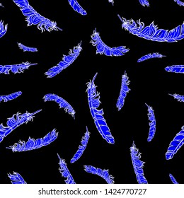 White lineart vector seamless feathers pattern isolated on black. Repeat feather neon blue doodle illustration. Vector