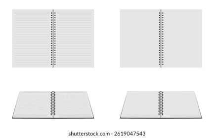 white lined and blank spiral notebook open set vector illustration isolated on white background.