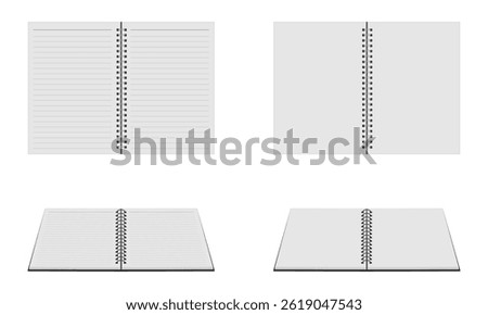 white lined and blank spiral notebook open set vector illustration isolated on white background.