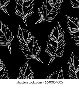 White lined feather isolated on black background. Seamless pattern. Vector illustration. 