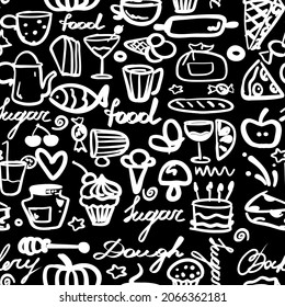 White lined food vector pattern on the black background. Kitchenware, cake, vegetable, cup, heart, ice cream, fruit, pizza, pie, candies, Food elements banner, poster. Doodle.