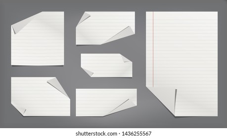 White lined note, notebook, copybook paper sheets with curled corners for text or advertising message are on black background
