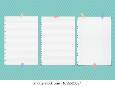 White lined note, notebook paper sheets for text stuck with colorful sticky tape on squared turquoise background.