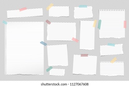 White lined note, notebook paper pieces with torn edges stuck on squared gray backgroud. Vector illustration.