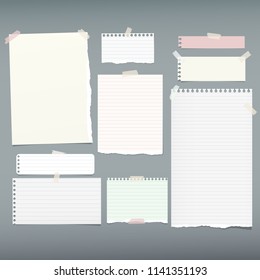 White lined note, notebook paper pieces with torn edges stuck on gray backgroud. Vector illustration.