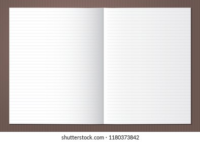 White lined note, notebook paper with opened page stuck on brown lined backgroud. Vector illustration