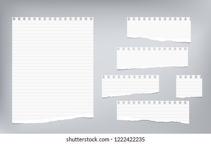 White lined note, notebook paper strips with torn edges stuck on grey background. Vector illustration.