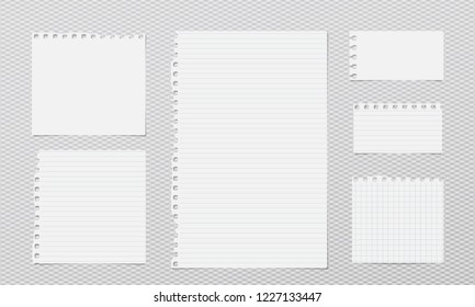 White lined note, notebook paper strips with torn edges stuck on grey squared background. Vector illustration.