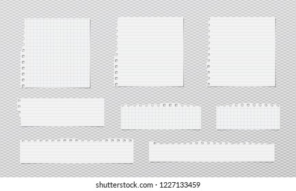 White lined note, notebook paper strips with torn edges stuck on grey squared background. Vector illustration.