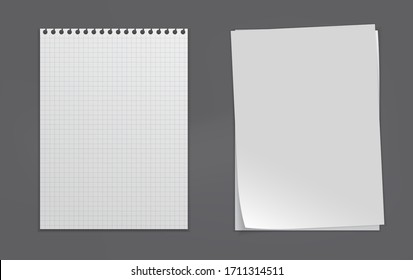 White, lined note, notebook paper with soft shadow are on grey background for text. Vector illustration