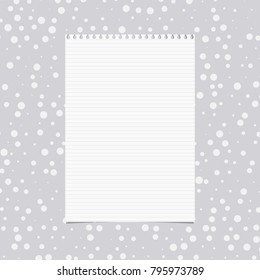 White lined note, notebook paper sheet, stuck on gray background with dots