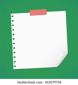 White lined note paper with folded corner is stuck on green background.