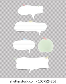 White lined note paper speech bubbles for text stuck on grey squared background. Vector illustration.