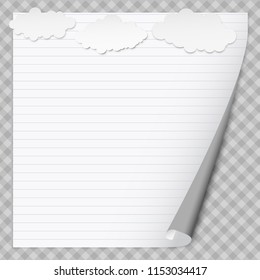 White lined notebook paper with curled corner for text or advertising message on squared background with clouds.
