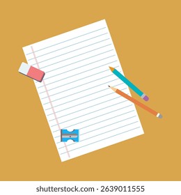 White Lined Paper with Orange and Teal Pencils, Pink Eraser and Blue Sharpener for Writing and School