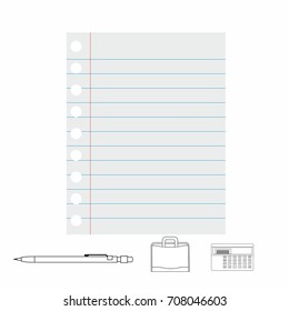 white lined paper sheet with margin on left with pen and calculator, office paper