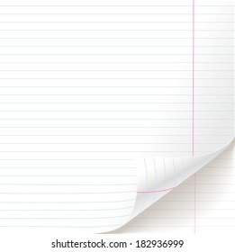 White lined paper sheet school notebook texture of curved bottom