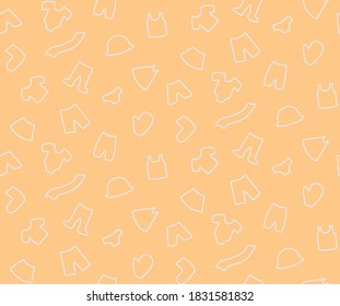 white lined seamless pattern from a set of simple minimalistic isolated icons of children's clothing and accessories on a yellow-orange background, can be used for textiles, backgrounds, covers, cases