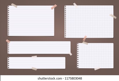 White lined and squared note, notebook paper stuck on brown backgroud. Vector illustration.