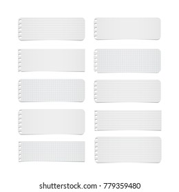 White lined, squared note, notebook paper strips, sheets for text or message stuck on white background.