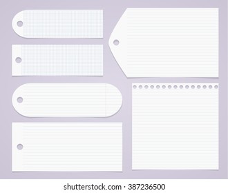 White lined and squared notebook paper, tags on light purple background