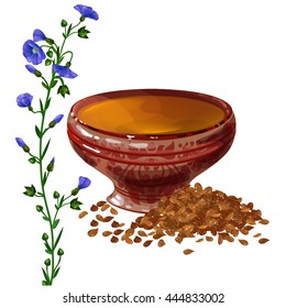 White linen. Decoration bouquet of blooming flax. Bowl with oil from flax.Flax seeds and Flowers of flax. 
