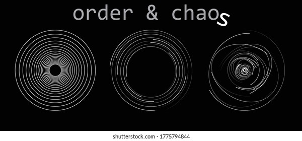 white lines in circle form on black background. Order and chaos concept.