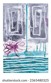 white lines in gray, turquoise spots and purple curves
