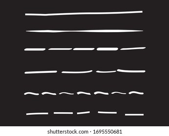 White lines hand drawn vector set isolated on black background. Collection of doodle lines, hand drawn template. White marker and grunge brush stroke lines, vector illustration
