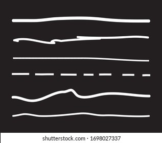 White lines hand drawn vector set isolated on black background. Collection of doodle lines, hand drawn template. White marker and grunge brush stroke lines, vector illustration