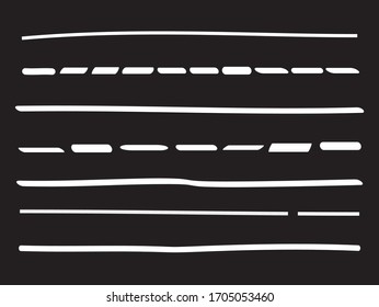 Weiße Linien, handgezeichnet, Vektorillustration einzeln auf schwarzem Hintergrund. Sammlung von doodle Linien, handgezeichnet Vorlage. Linien mit weißem Marker und grunem Pinselstrich, Vektorillustration