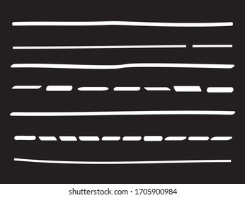 Vector dibujado a mano de líneas blancas aislado en fondo negro. Colección de líneas de doodle, plantilla dibujada a mano. Líneas de trazo de pincel blanco y grueso, ilustración vectorial