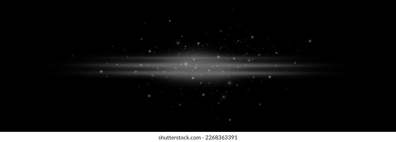 White lines, laser beams, bright light beams with sparkles, bokeh and dust on a black background. Vector illustration
