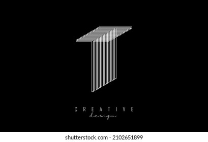 White Lines Letter T Logo. Creative Line Vector illustration design with 3D effect on black background.