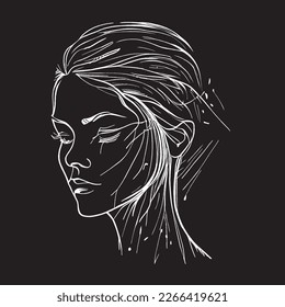 Weiße Linien auf schwarzem Hintergrund, Vektorgrafik eines Mädchenporträts, Frauentag.
