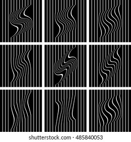 Weiße Linien auf schwarzem Hintergrund. Satz gestreifter Muster. Vektorkunst.