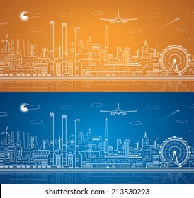 White lines power plant on the water, industrial vector design