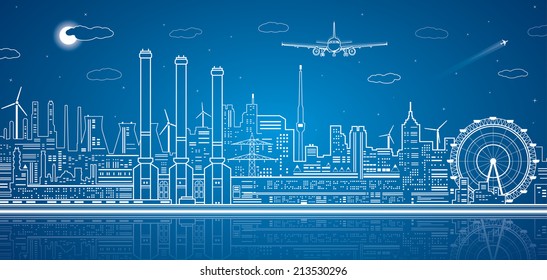 White lines power plant on the water, industrial vector design