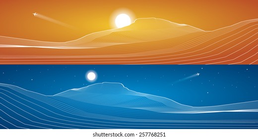 White lines, sand dunes, mountains, desert, abstraction composition, panorama,vector design background, day and night