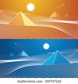 White lines, sand dunes, mountains, desert, day and night panorama, pyramid, vector design art
