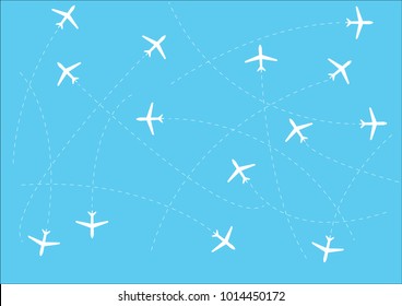 White lines. The Sky. Airplanes. Blue background. Vector illustration