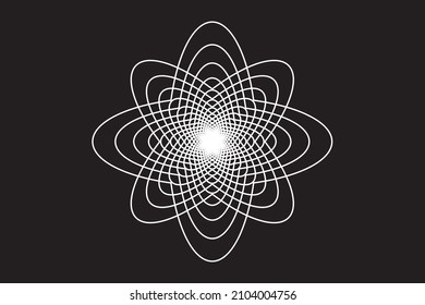 Túnel de espirografo de líneas blancas o logotipo de espiral floral de 8 puntas sobre fondo negro. Ilustración vectorial.